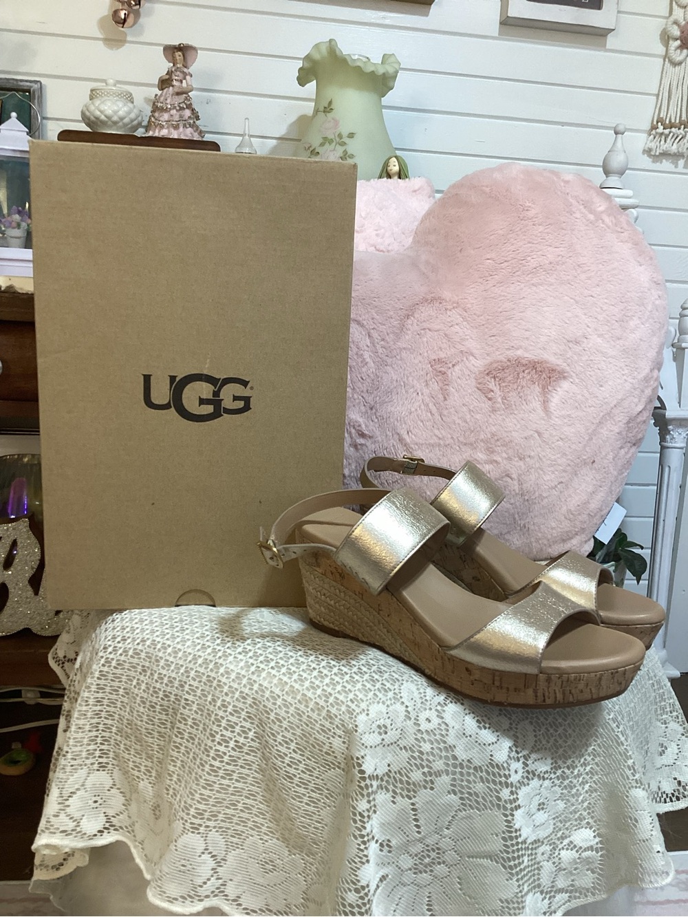 UGG Metallic Gold Elena Cork Wedge Sandals